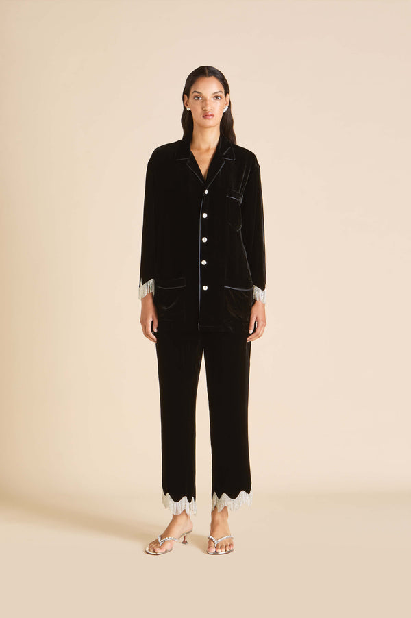 olivia von halle Fifi Valentina Black Crystal Fringe Pajamas in Silk Velvet Black