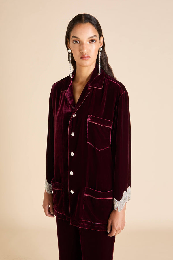 Olivia Von Halle Fifi Victoria Red Crystal Fringe Pajamas In Silk Velvet Red
