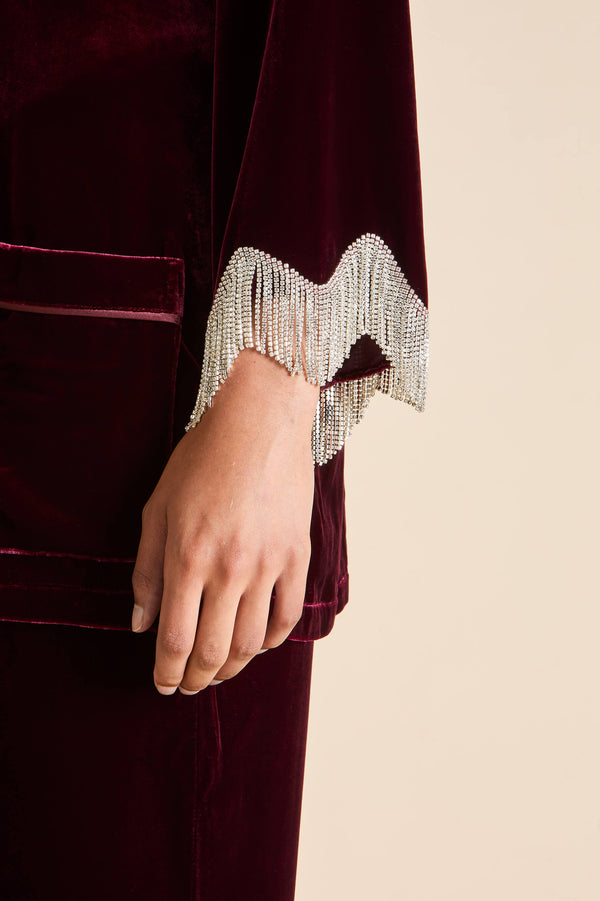 Olivia Von Halle Fifi Victoria Red Crystal Fringe Pajamas In Silk Velvet Red