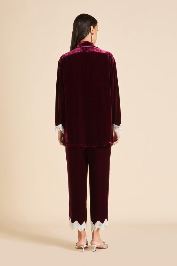 Olivia Von Halle Fifi Victoria Red Crystal Fringe Pajamas In Silk Velvet Red