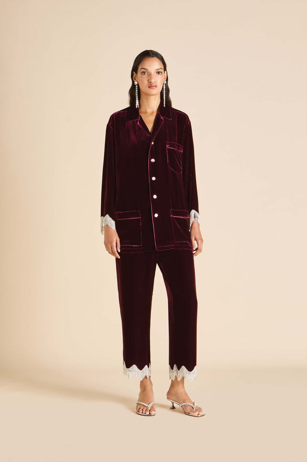 olivia von halle Fifi Victoria Red Crystal Fringe Pajamas in Silk Velvet Red