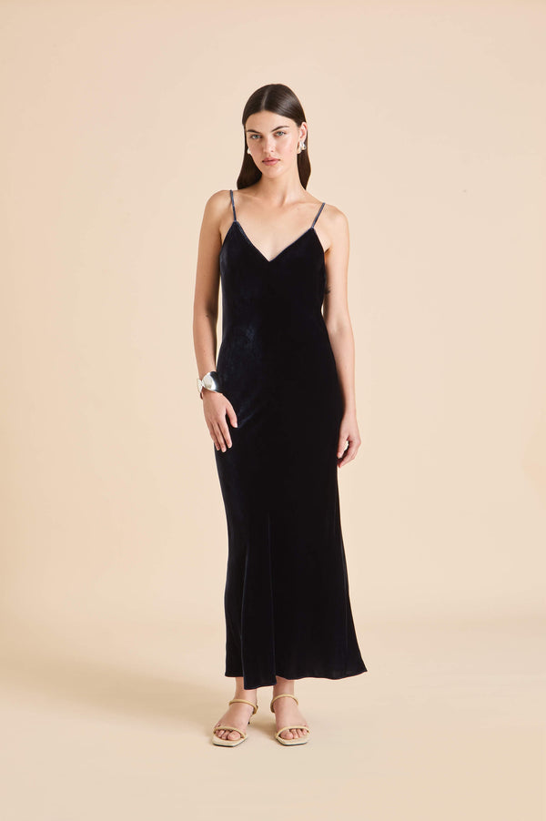 olivia von halle Garbo Eclipse Navy Slip Dress in Silk Velvet Navy
