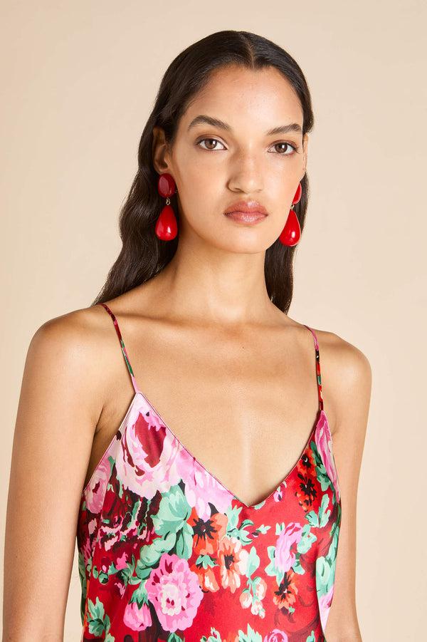 Olivia Von Halle Garbo Moulin Red Floral Slip Dress In Silk Satin Red