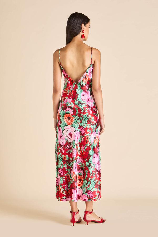 Olivia Von Halle Garbo Moulin Red Floral Slip Dress In Silk Satin Red