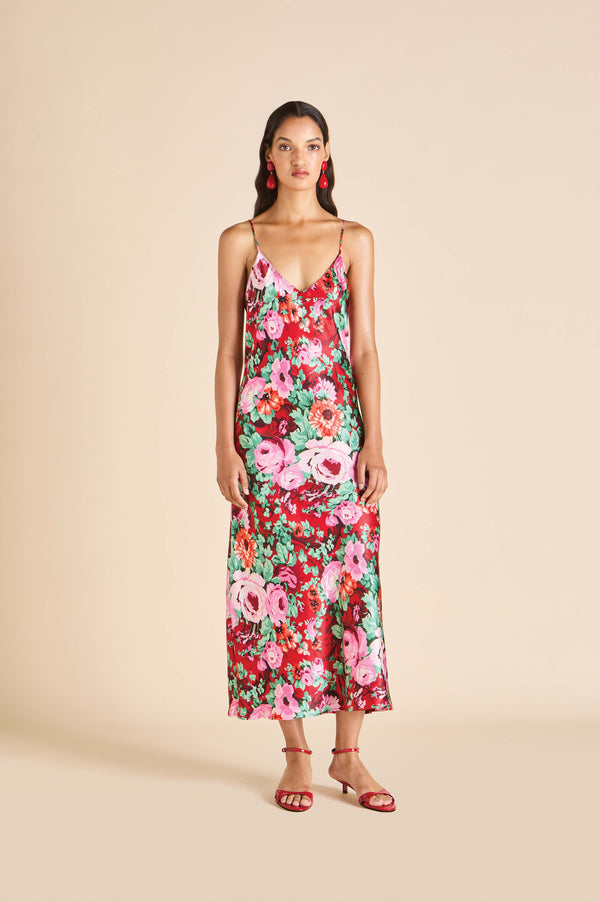 olivia von halle Garbo Moulin Red Floral Slip Dress in Silk Satin Red