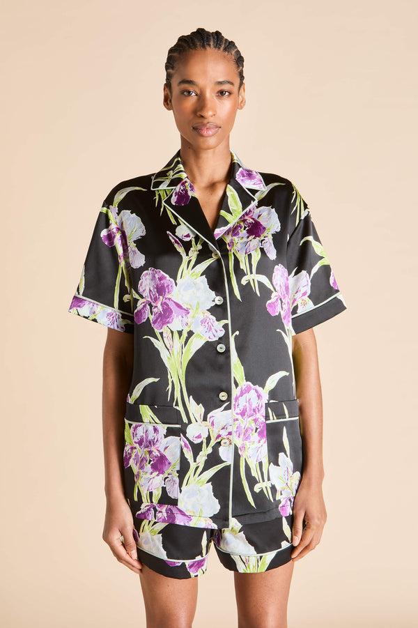 Olivia Von Halle Ingo Athena Black Floral Pajamas In Silk Satin Black