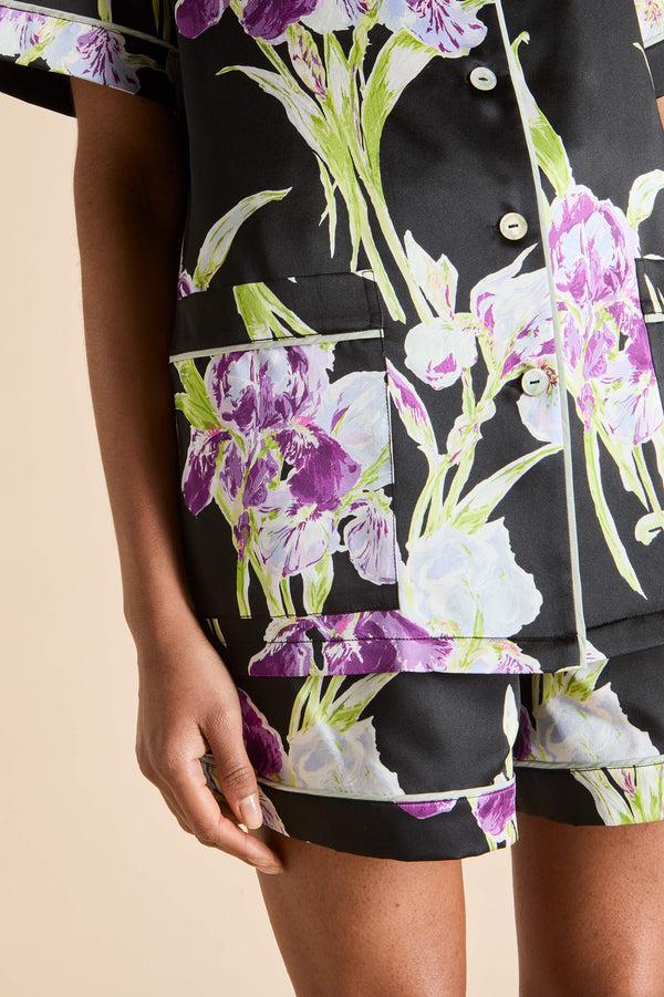 Olivia Von Halle Ingo Athena Black Floral Pajamas In Silk Satin Black