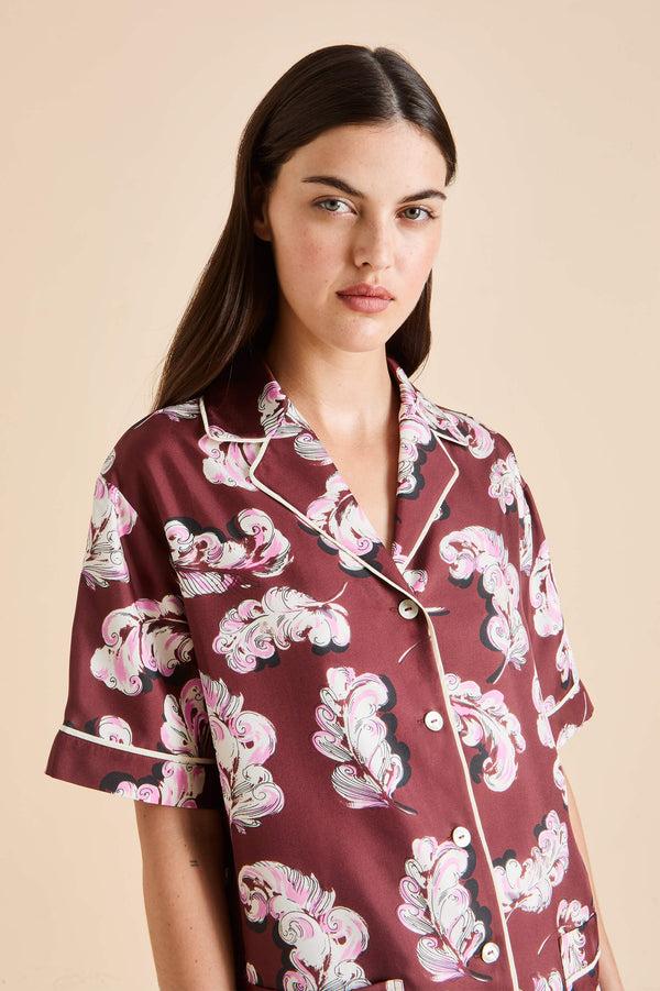 Olivia Von Halle Ingo Boudoir Maroon Feather Pajamas In Silk Twill Maroon