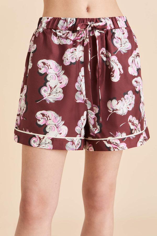 Olivia Von Halle Ingo Boudoir Maroon Feather Pajamas In Silk Twill Maroon