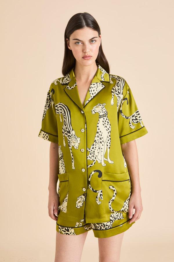 Olivia Von Halle Ingo Chanson Green Leopard Pajamas In Silk Satin Green