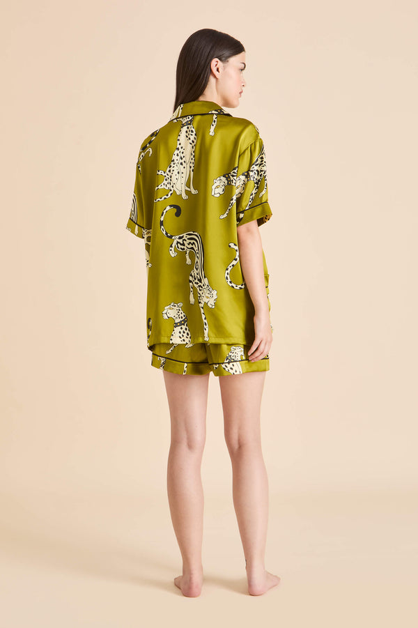Olivia Von Halle Ingo Chanson Green Leopard Pajamas In Silk Satin Green