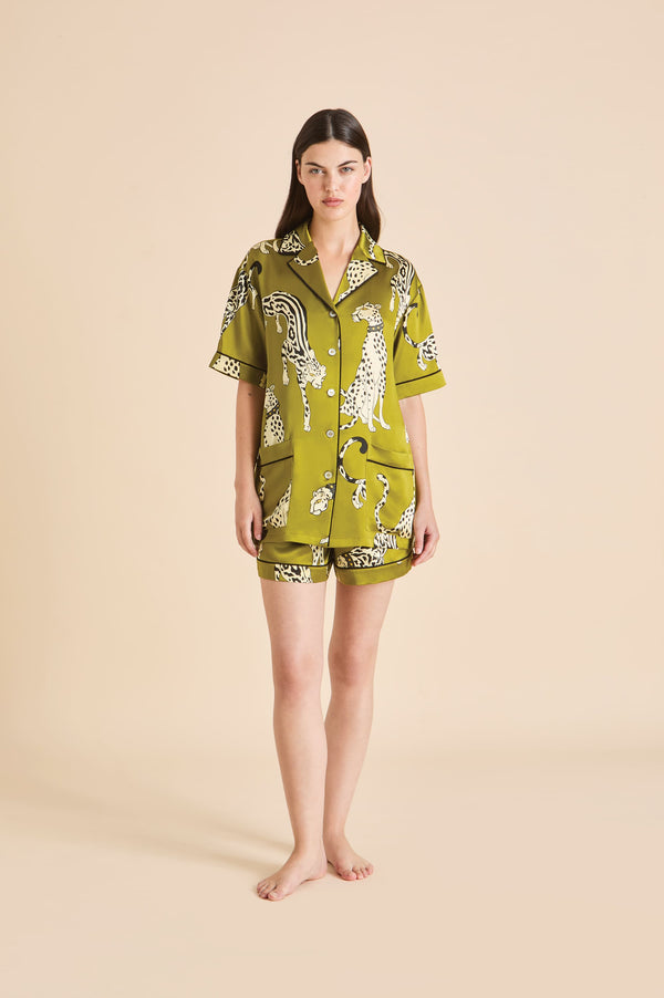 olivia von halle Ingo Chanson Green Leopard Pajamas in Silk Satin Green