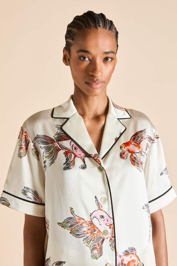 Olivia Von Halle Ingo Cora Ivory Goldfish Pajamas In Silk Satin Ivory