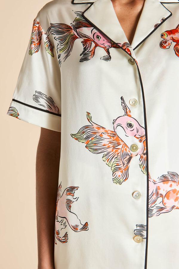 Olivia Von Halle Ingo Cora Ivory Goldfish Pajamas In Silk Satin Ivory