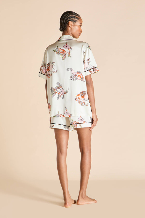 Olivia Von Halle Ingo Cora Ivory Goldfish Pajamas In Silk Satin Ivory