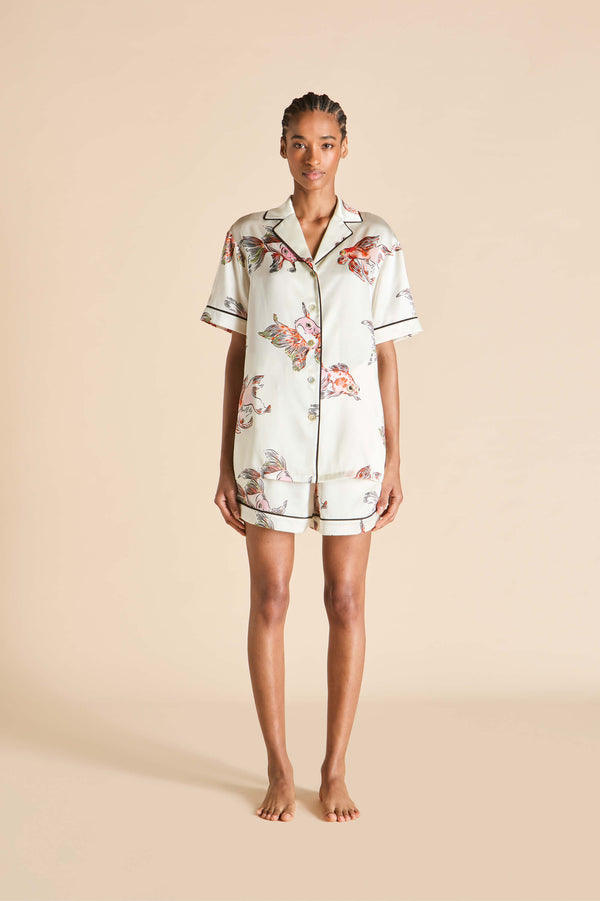 olivia von halle Ingo Cora Ivory Goldfish Pajamas in Silk Satin Ivory olivia von halle Ingo Cora Ivory Goldfish Pajamas in Silk Satin Ivory