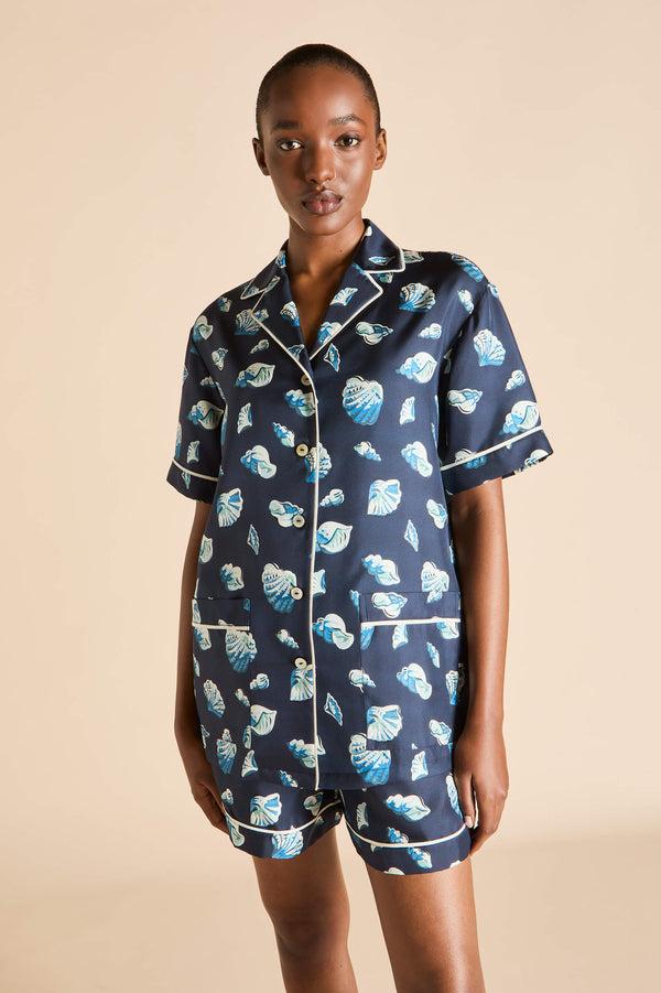 Olivia Von Halle Ingo Nautilus Navy Seashell Pajamas In Silk Twill Navy