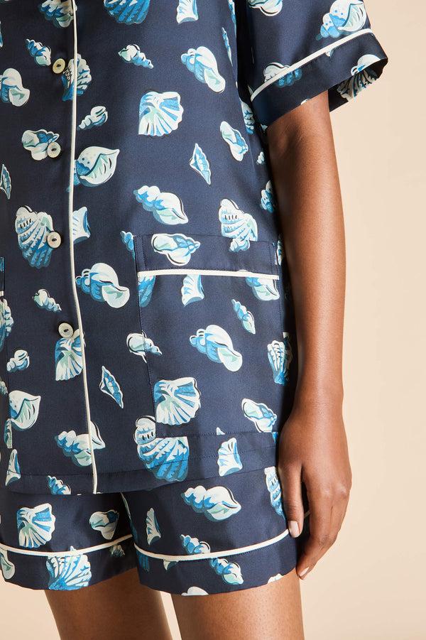 Olivia Von Halle Ingo Nautilus Navy Seashell Pajamas In Silk Twill Navy
