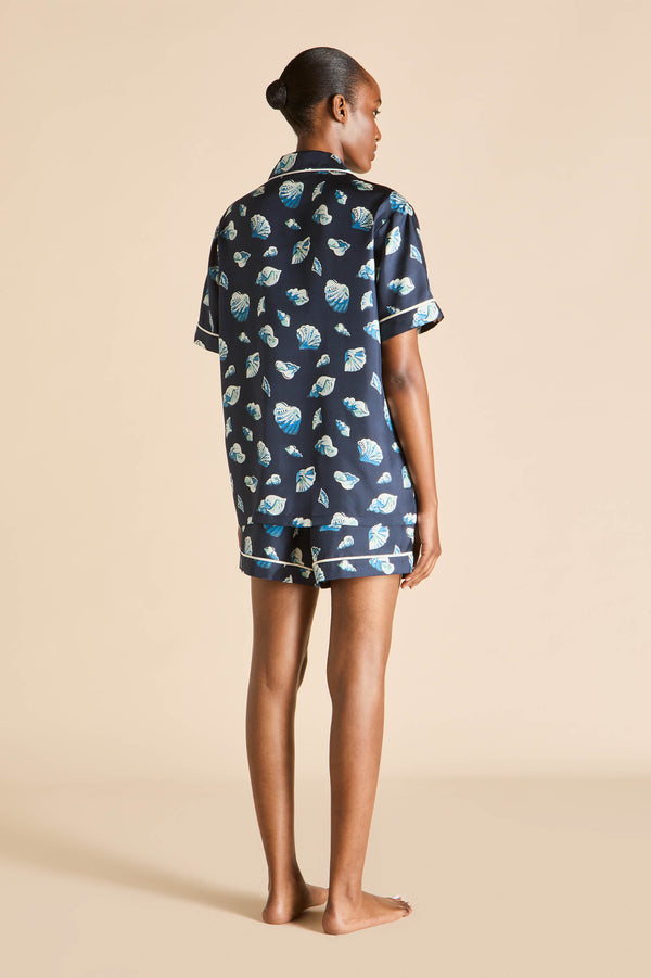 Olivia Von Halle Ingo Nautilus Navy Seashell Pajamas In Silk Twill Navy