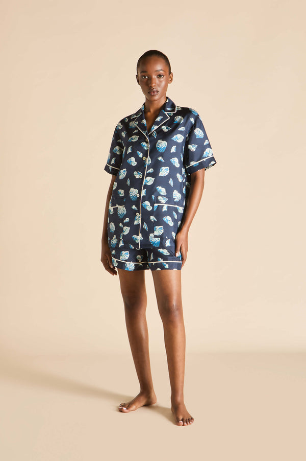 olivia von halle Ingo Nautilus Navy Seashell Pajamas in Silk Twill Navy