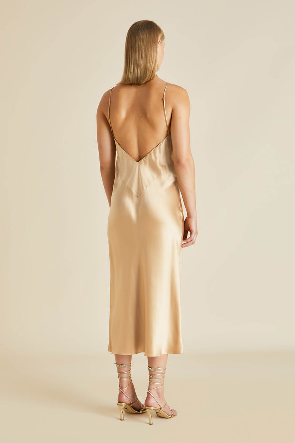 Olivia Von Halle Issa Caramel Slip Dress In Silk Satin Caramel