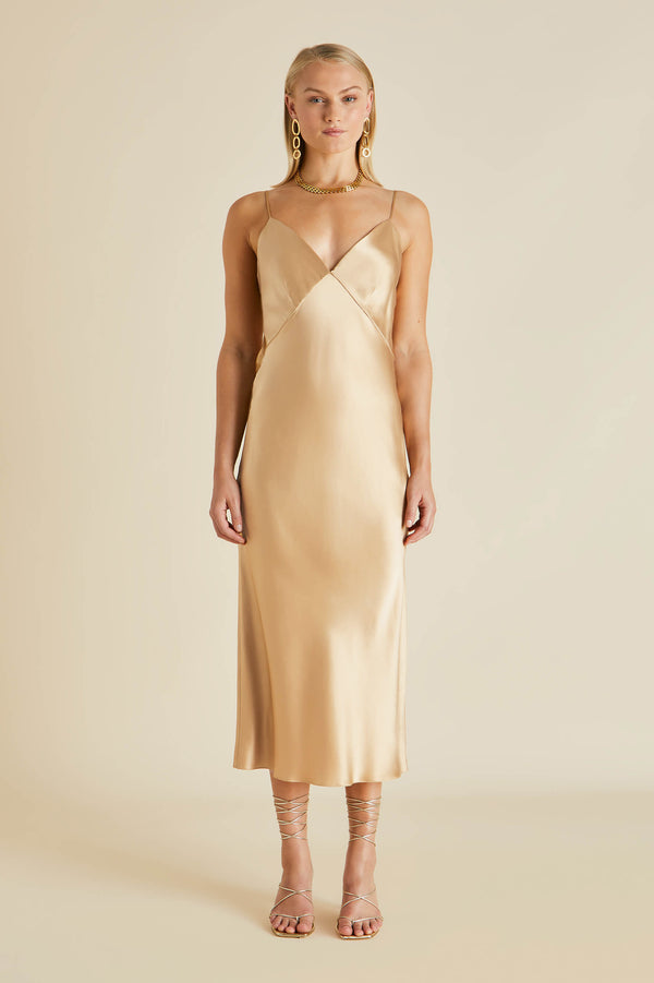 olivia von halle Issa Caramel Slip Dress in Silk Satin Caramel