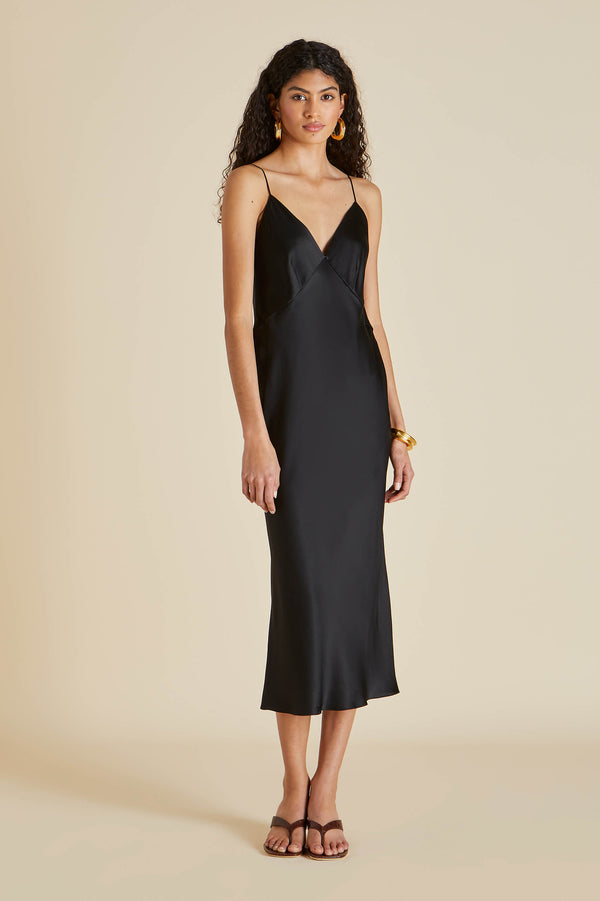 Olivia Von Halle Issa Jet Black Slip Dress In Silk Satin Black