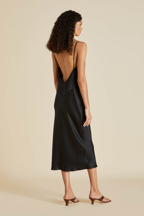 Olivia Von Halle Issa Jet Black Slip Dress In Silk Satin Black