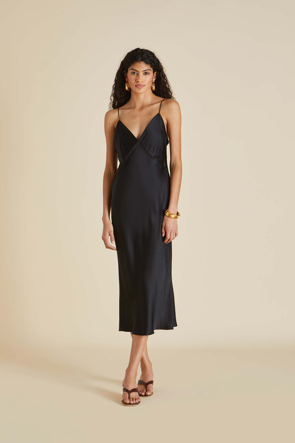 olivia von halle Issa Jet Black Slip Dress in Silk Satin Black