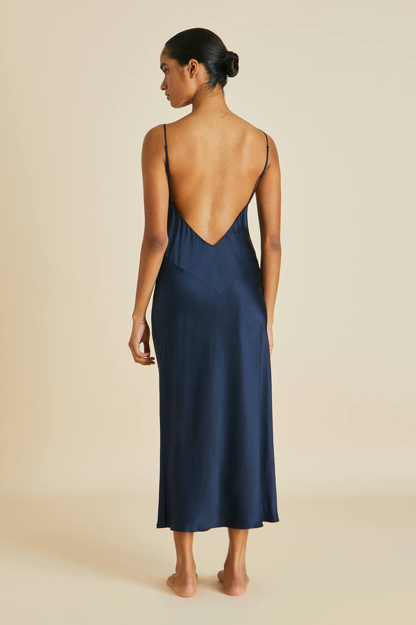 Olivia Von Halle Issa Navy Slip Dress In Silk Satin Navy