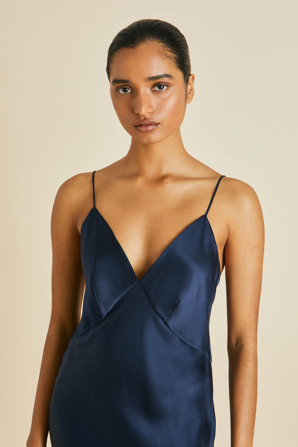 Olivia Von Halle Issa Navy Slip Dress In Silk Satin Navy