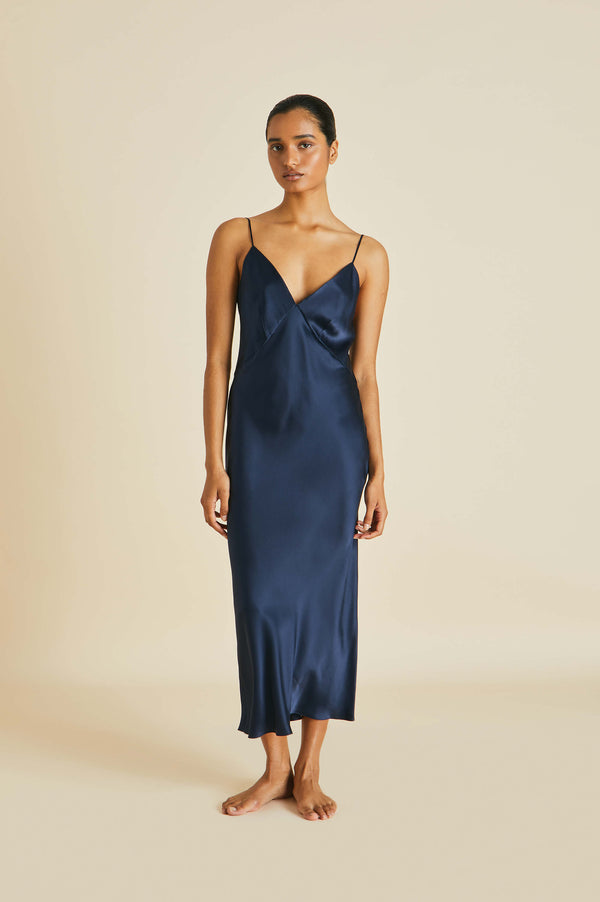 olivia von halle Issa Navy Slip Dress in Silk Satin Navy