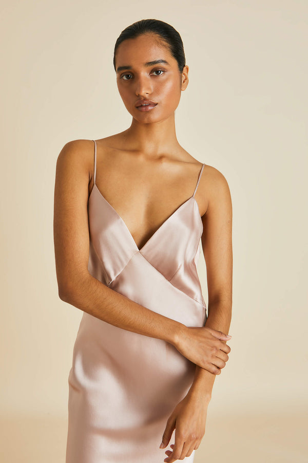 Olivia Von Halle Issa Oyster Slip Dress In Silk Satin Oyster