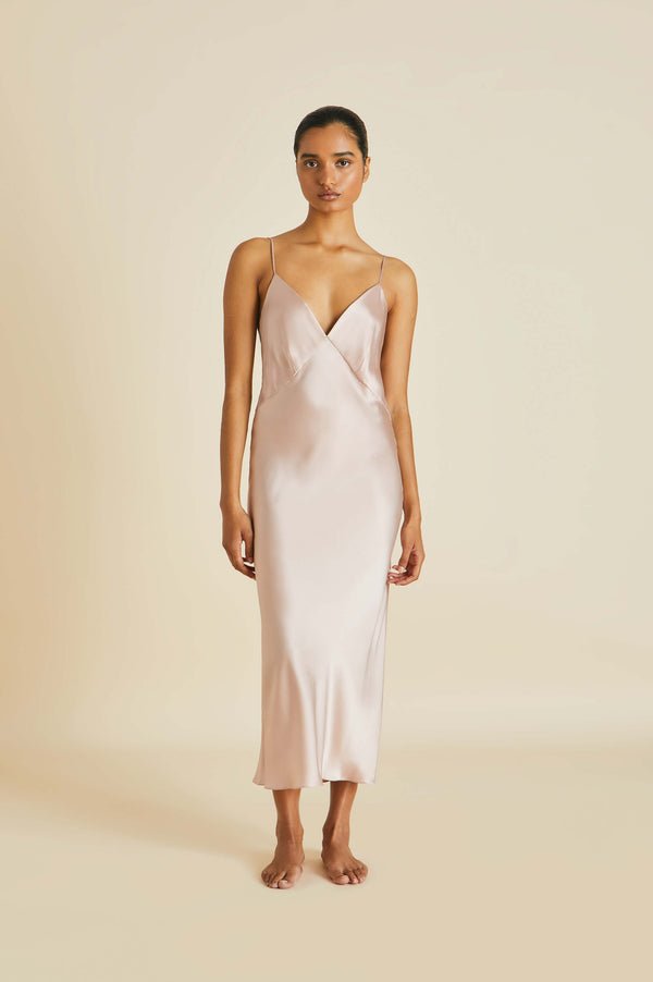 olivia von halle Issa Oyster Slip Dress in Silk Satin Oyster