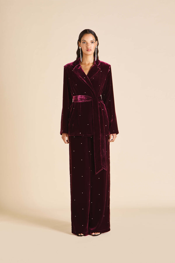 olivia von halle Jagger Ritzy Red Crystal Pajamas in Silk Velvet Red