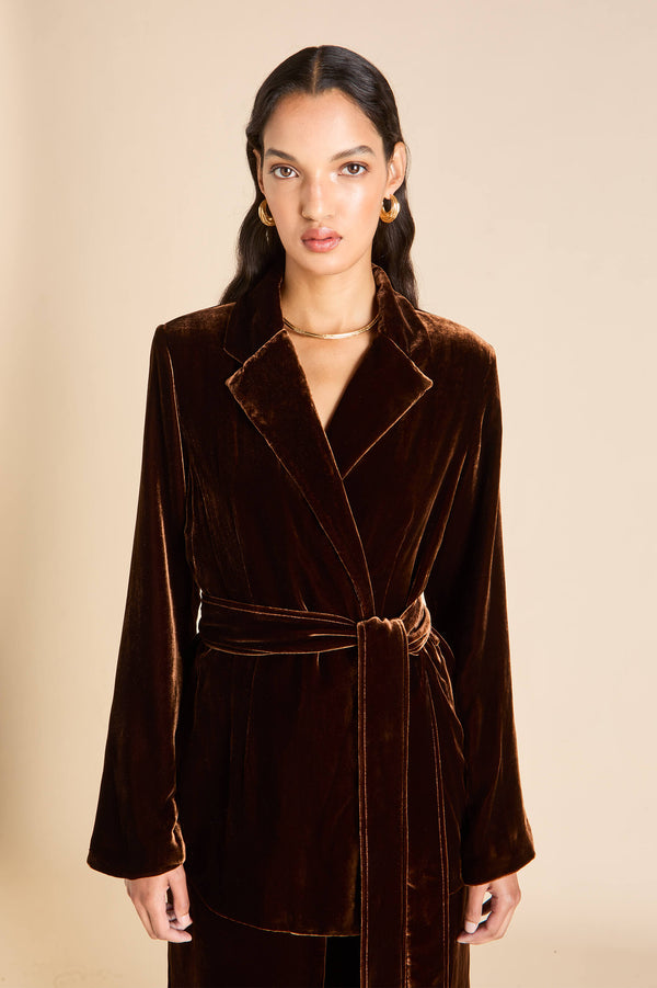 Olivia Von Halle Jagger Walnut Brown Pajamas In Silk Velvet Brown