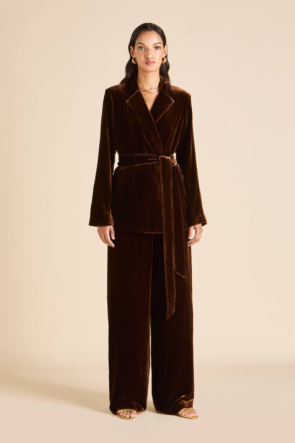 Olivia Von Halle Jagger Walnut Brown Pajamas In Silk Velvet Brown