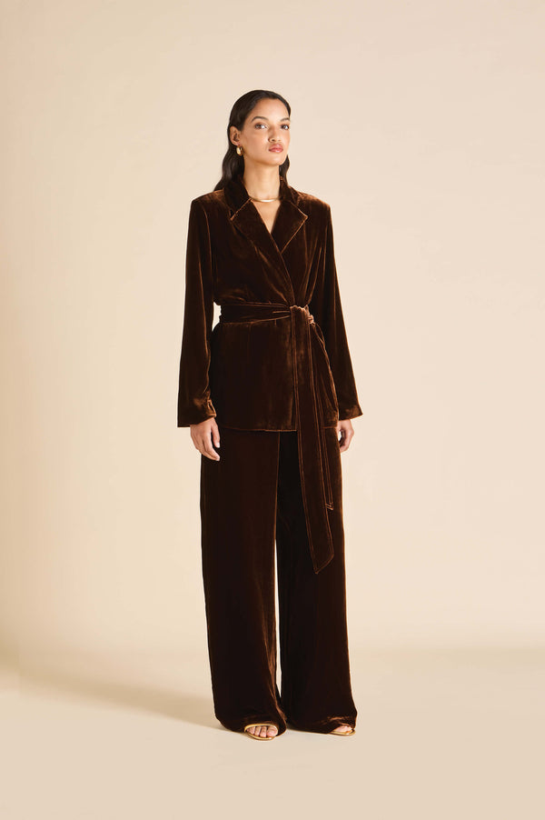 olivia von halle Jagger Walnut Brown Pajamas in Silk Velvet Brown