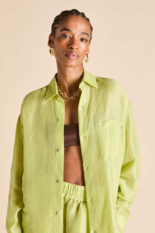 Olivia Von Halle Kick Celery Green Pajamas In Linen-Silk Green