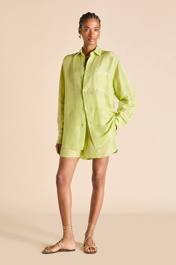 Olivia Von Halle Kick Celery Green Pajamas In Linen-Silk Green
