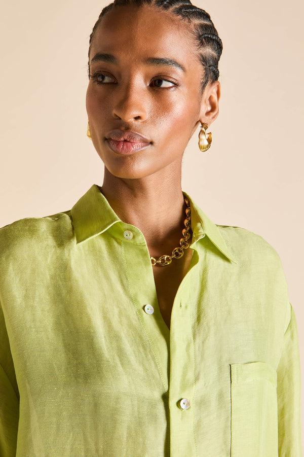 Olivia Von Halle Kick Celery Green Pajamas In Linen-Silk Green