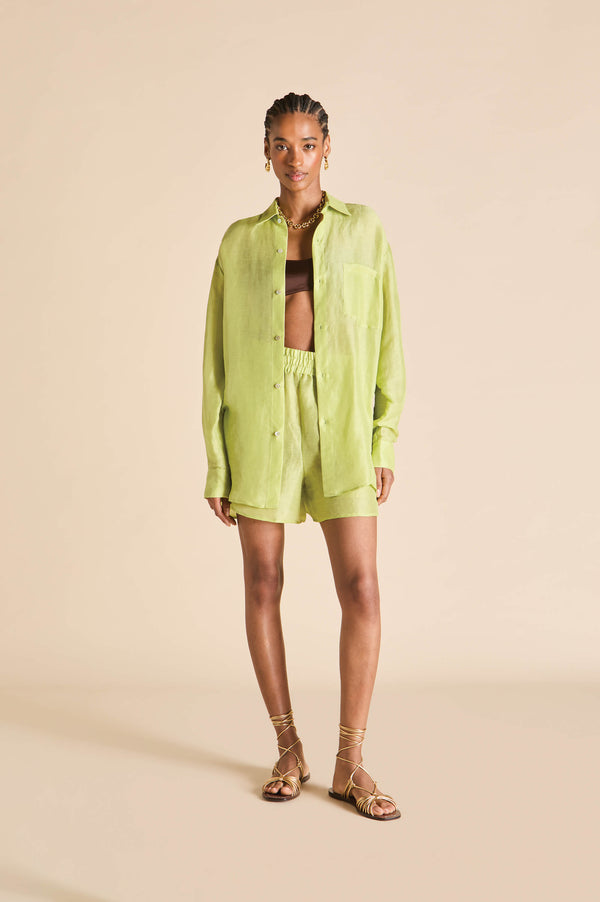 olivia von halle Kick Celery Green Pajamas in Linen-Silk Green