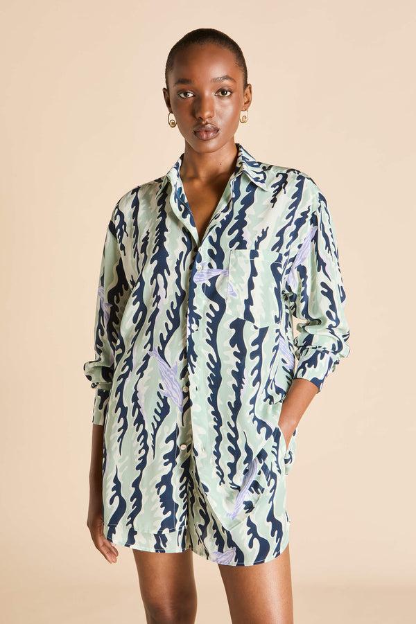 Olivia Von Halle Kick Marina Navy Wave Pajamas In Silk Crêpe De Chine Navy