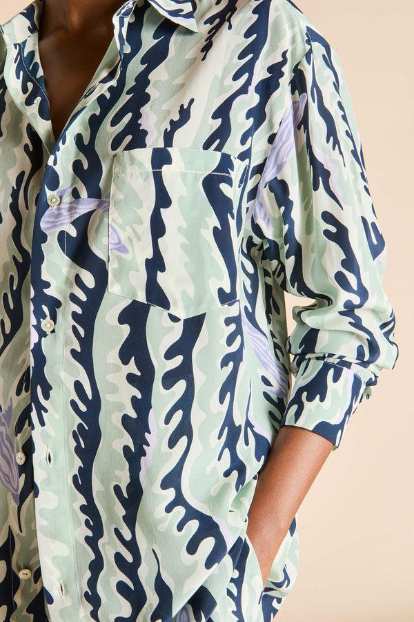 Olivia Von Halle Kick Marina Navy Wave Pajamas In Silk Crêpe De Chine Navy