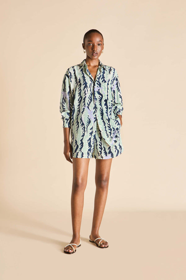 olivia von halle Kick Marina Navy Wave Pajamas in Silk Crêpe de Chine Navy