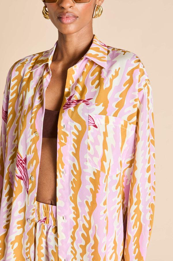 Olivia Von Halle Kick Mira Pink Wave Pajamas In Silk Crêpe De Chine Pink