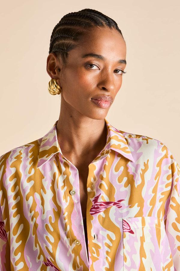 Olivia Von Halle Kick Mira Pink Wave Pajamas In Silk Crêpe De Chine Pink