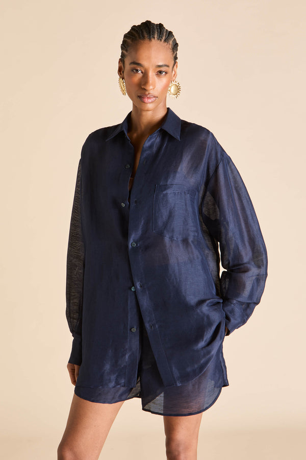 Olivia Von Halle Kick Navy Pajamas In Linen-Silk Navy