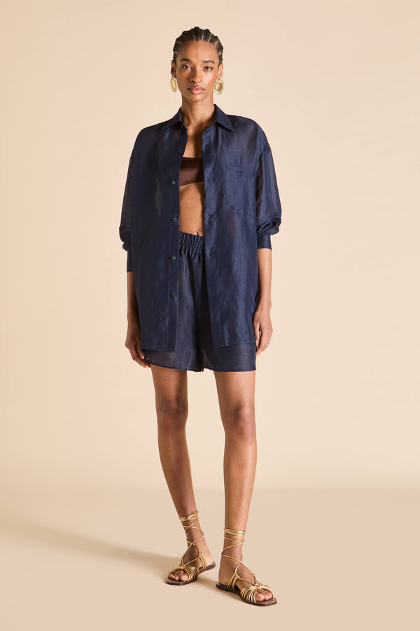 Olivia Von Halle Kick Navy Pajamas In Linen-Silk Navy