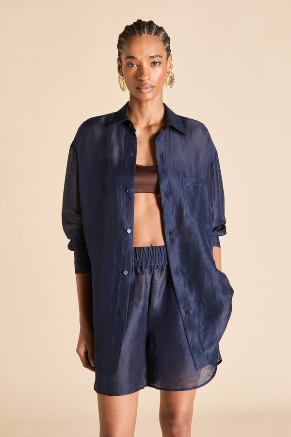 Olivia Von Halle Kick Navy Pajamas In Linen-Silk Navy